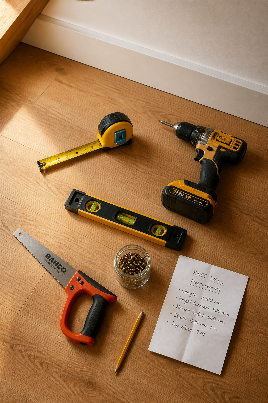 Four essential knee-wall storage build tools on attic floor — tape measure, cordless drill, torpedo level, and drywall saw, with screws and a pencil beside them
