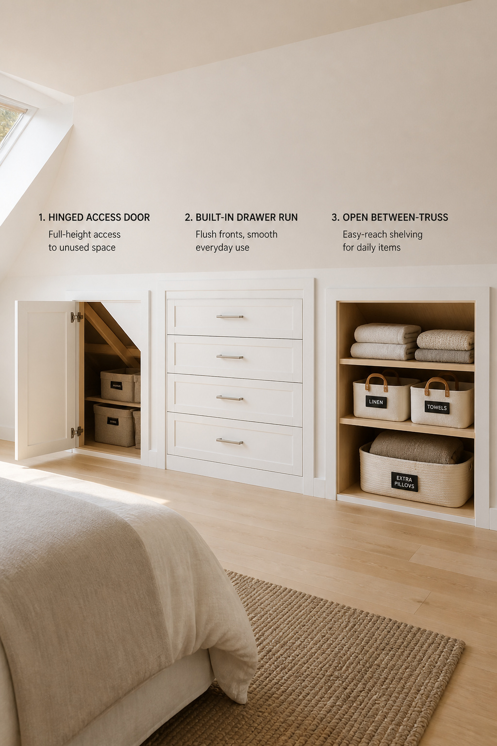 Three knee-wall build options side by side in an attic bedroom — access door cubby, flush drawer run, and between-truss shelving