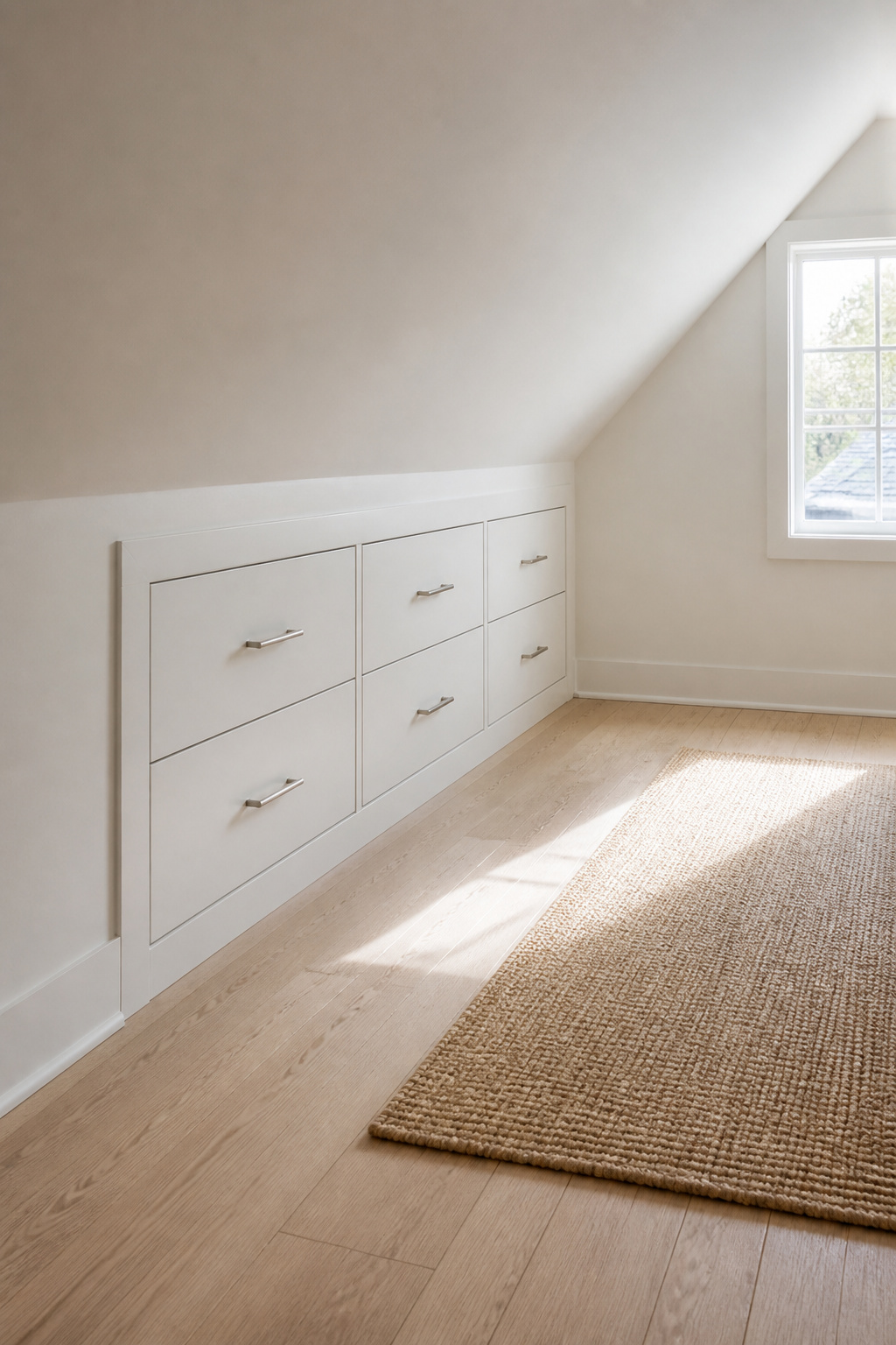 Finished attic bedroom knee-wall drawer run in warm white with brushed-nickel bar pulls, fully integrated into the knee-wall face with clean casing surround