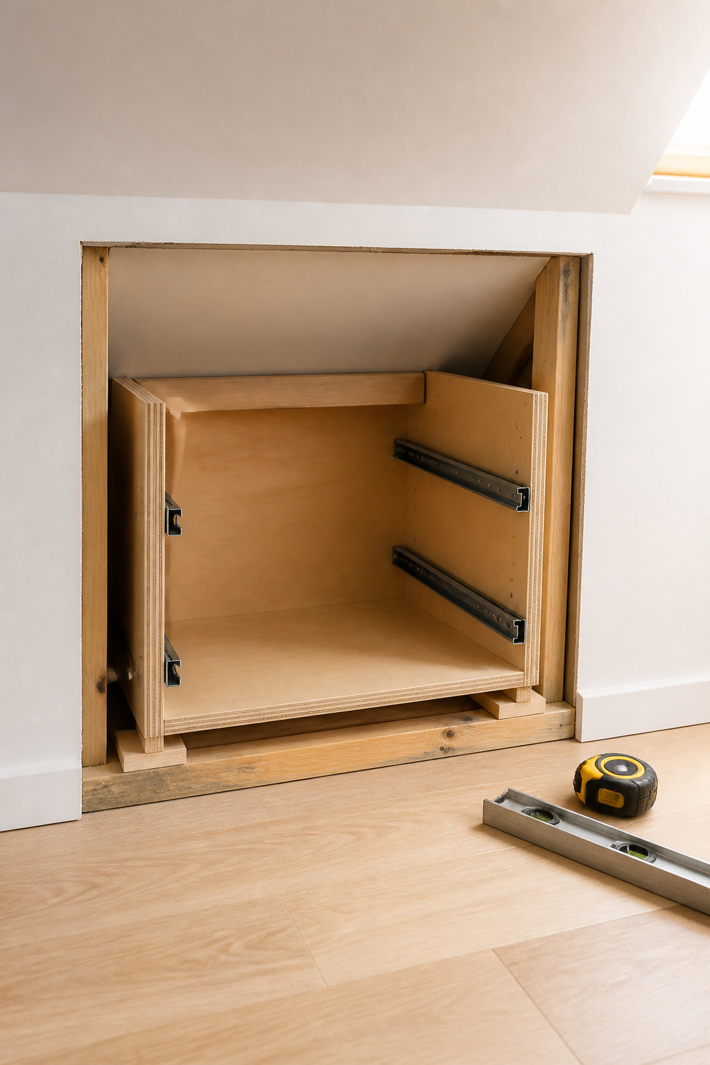 Birch plywood drawer carcass installed in knee-wall opening with drawer slides mounted and 2x4 sill visible at the base