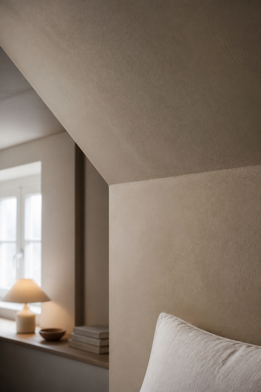 Sloped attic ceiling and wall painted the same warm greige, showing how the slope reads a half-shade lighter than the vertical wall below
