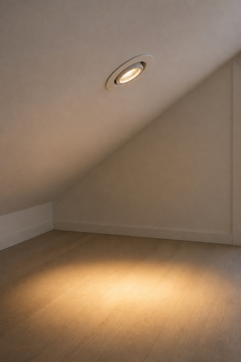 Adjustable gimbal recessed LED trim installed in a white sloped attic ceiling, eyeball element tilted to direct the warm beam straight down to the floor below