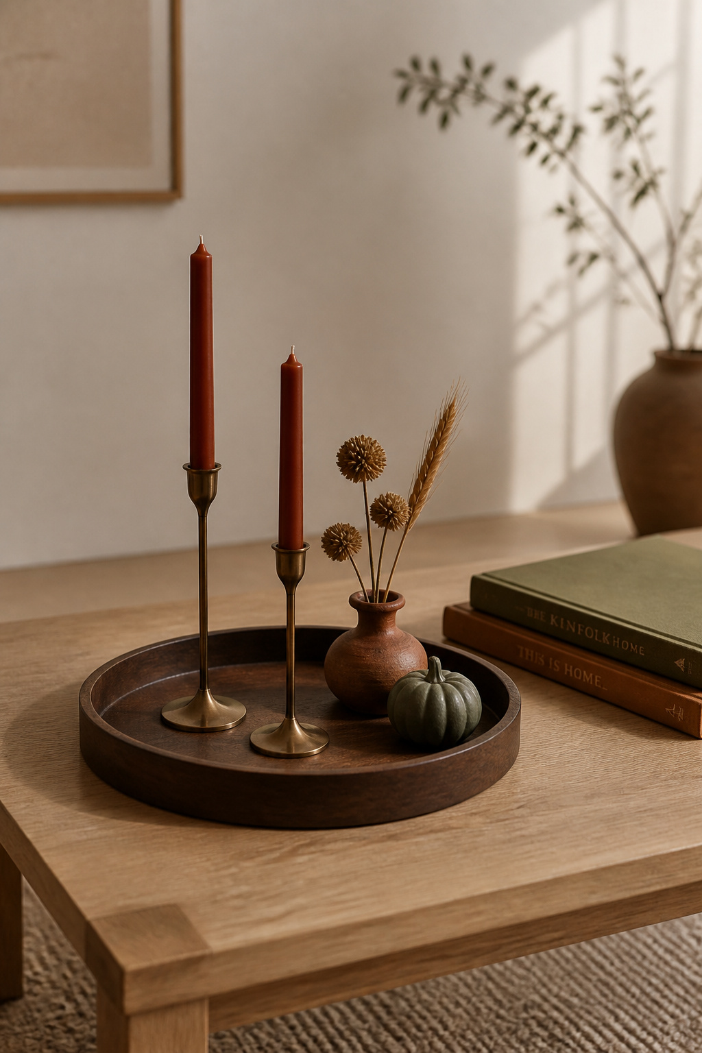 A dark walnut tray on an oak coffee table with bronze candlesticks, dried seed-head stems in a terracotta vase, and a sage-green ceramic pumpkin — a restrained autumn coffee table decor arrangement