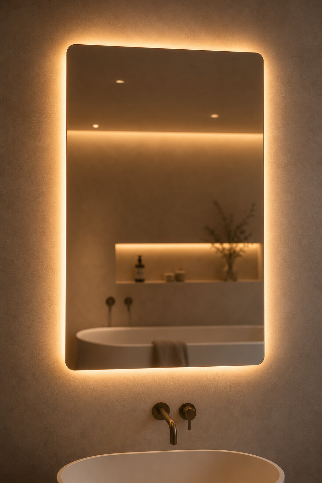 LED backlit bathroom mirror with warm amber halo glow against matte plaster wall