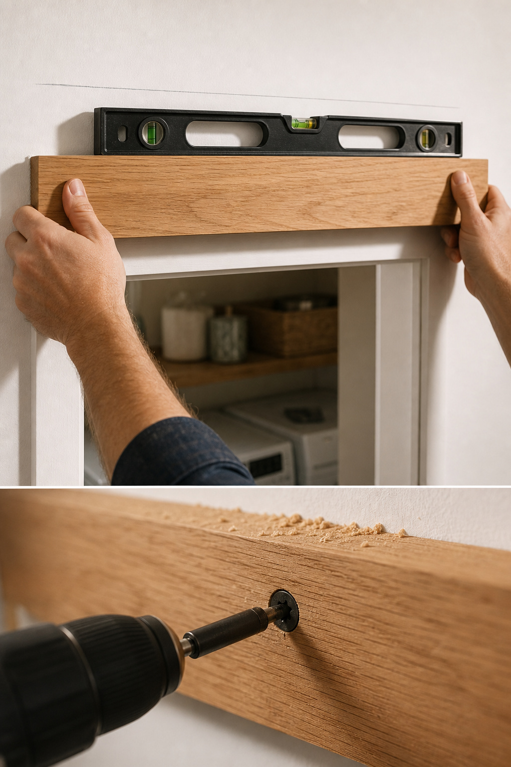 Close-up of an oak header board being levelled and lag-bolted into a wall stud above a laundry room door opening for a removable barn door installation