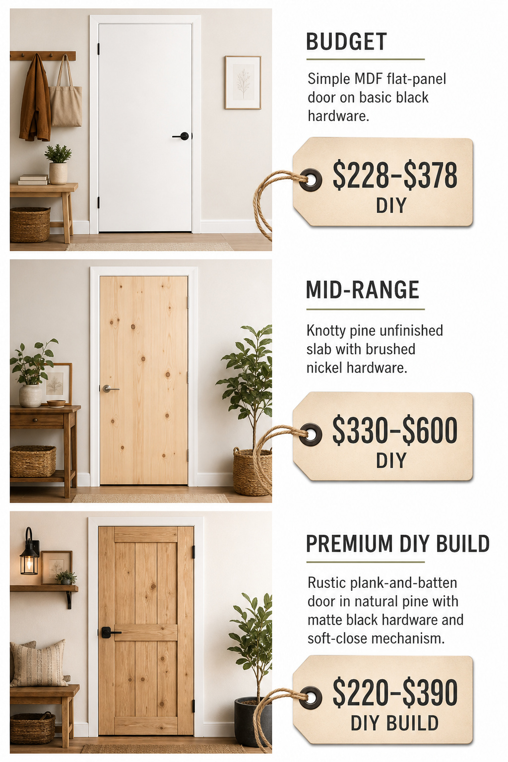 Three laundry room barn door budget tiers: budget MDF at $228–$378, mid-range pine slab at $330–$600, and DIY lumber build at $220–$390