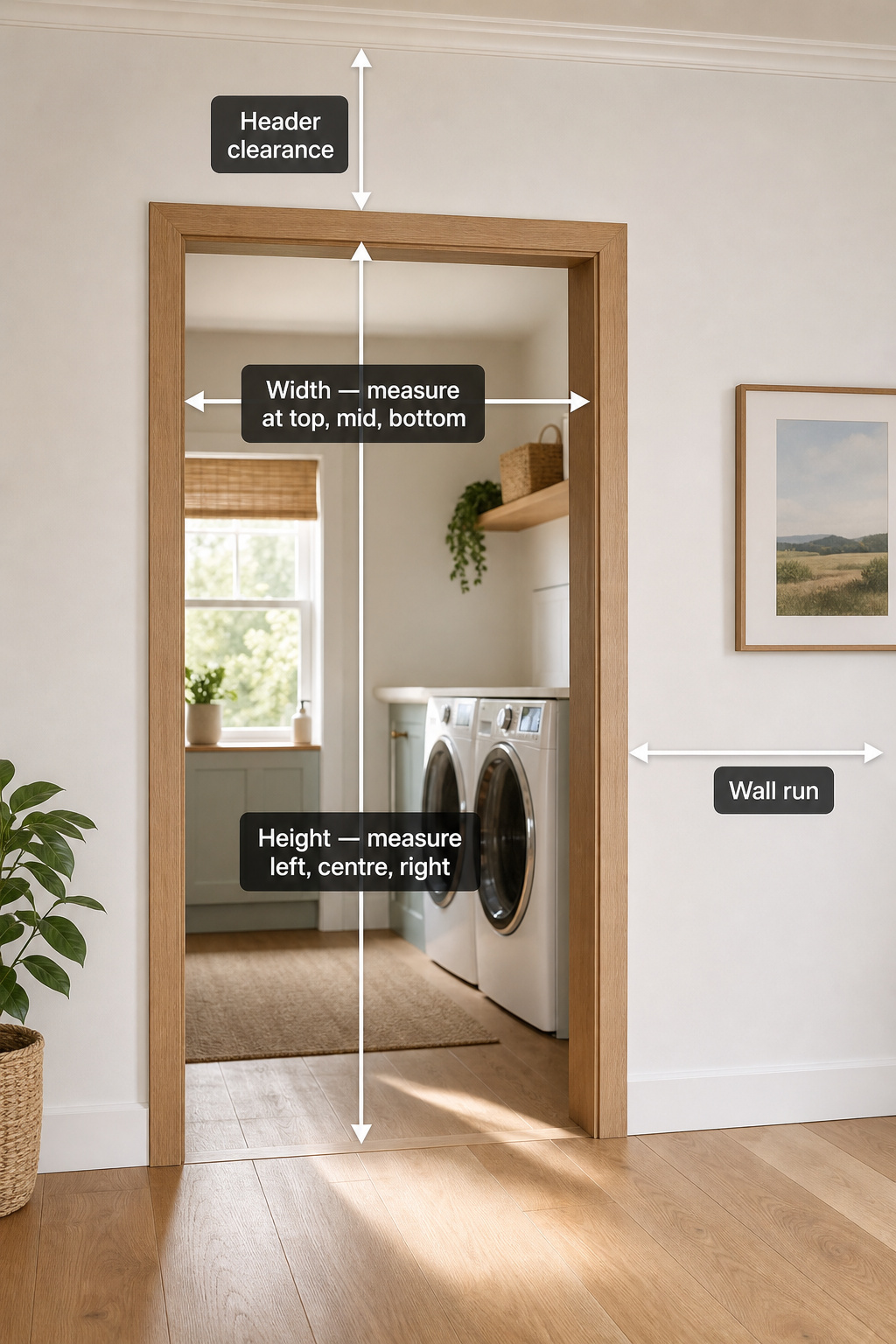 Annotated diagram of a laundry room door opening showing the four measurement points needed for a barn door: opening width, opening height, wall run beside the opening, and header clearance above the frame