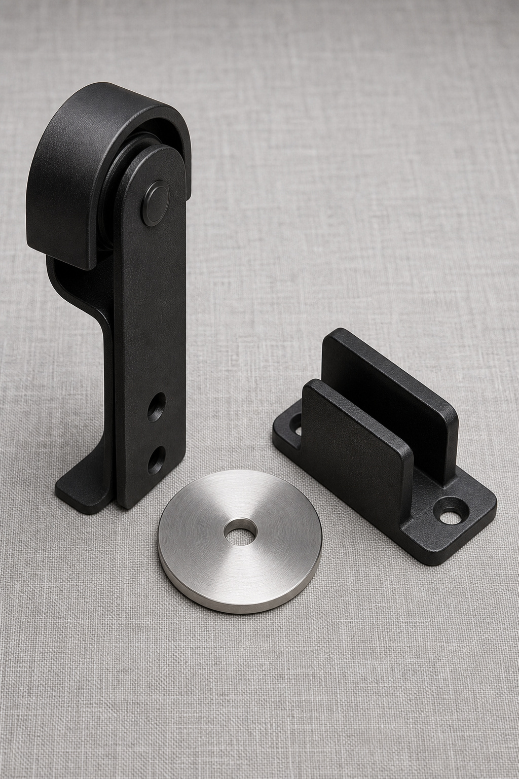 Close-up of barn door hardware components: J-strap hanger, anti-jump disc and wall-mounted floor guide in matte black finish