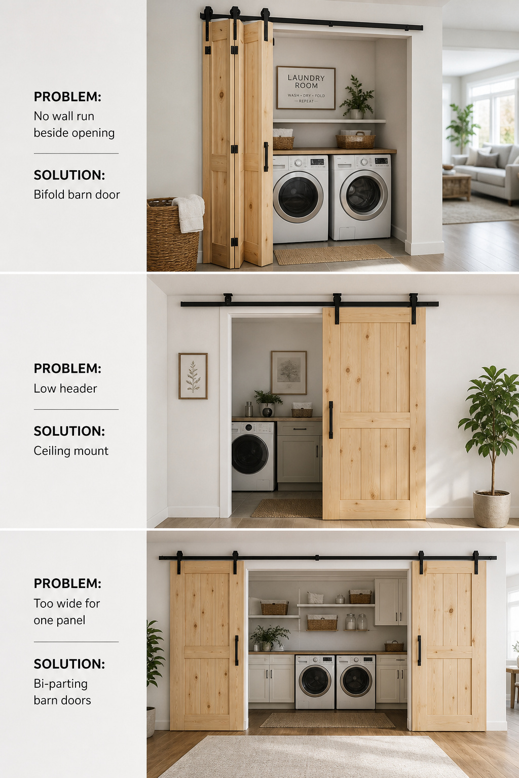 Three-panel diagram showing solutions to the three most common barn door measurement problems: bifold for no wall run, ceiling-mount track for low header, and bi-parting doors for wide openings