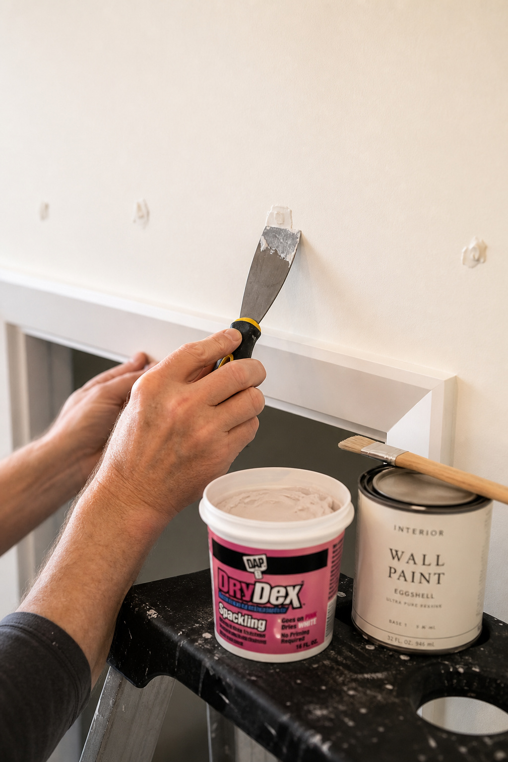 Hands applying DryDex spackle to lag bolt holes in a white wall above a door opening during apartment move-out repair, with touch-up paint and brush nearby