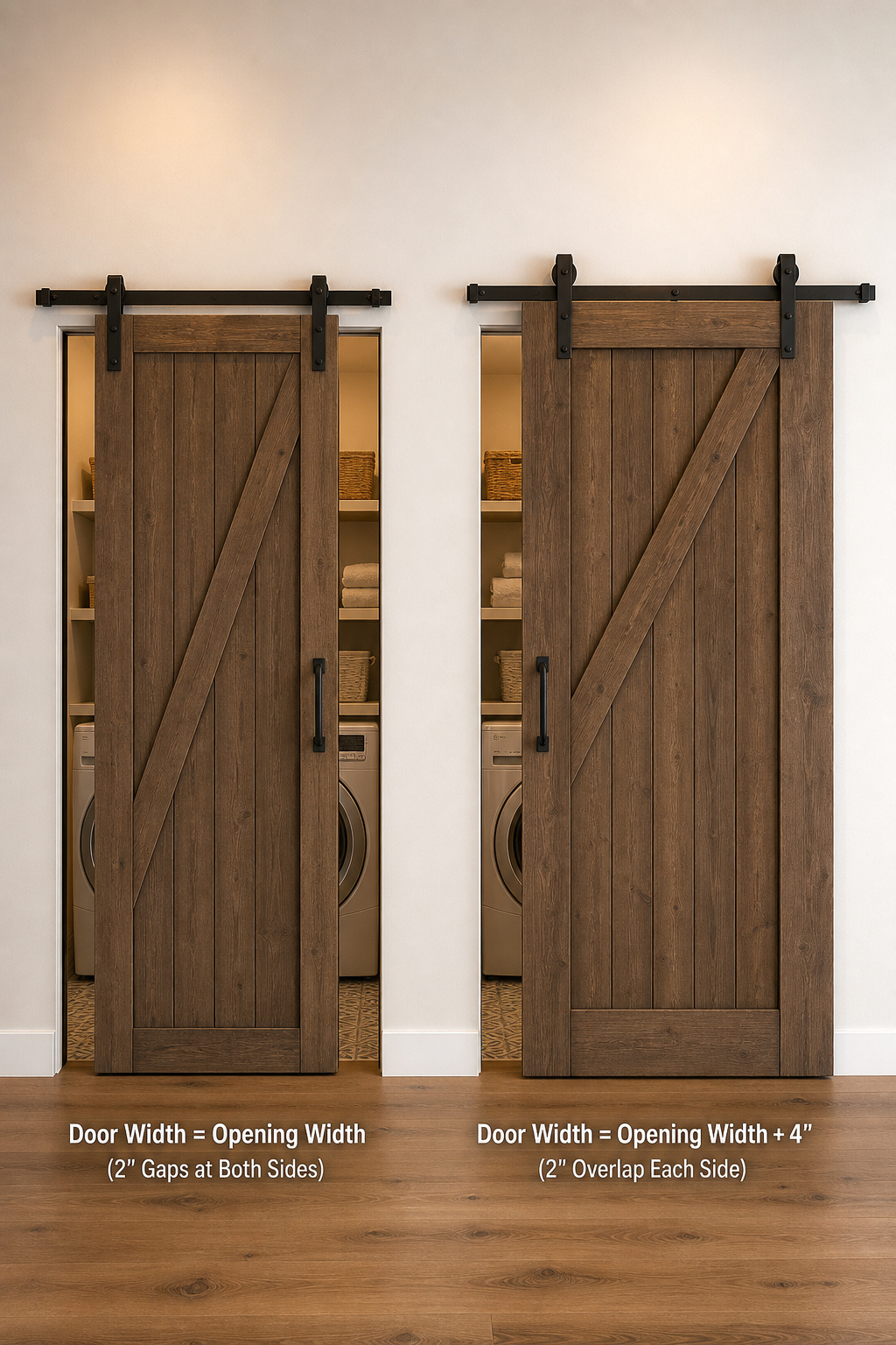 Side-by-side comparison showing a barn door sized to match the opening exactly (gaps visible) versus a door sized 4 inches wider with correct 2-inch overlap on each side