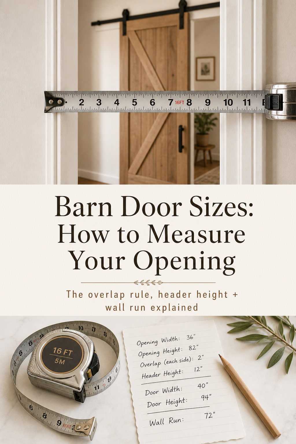 Pinterest pin graphic showing barn door sizing guide with tape measure on a laundry room opening and text overlay explaining how to measure for a barn door