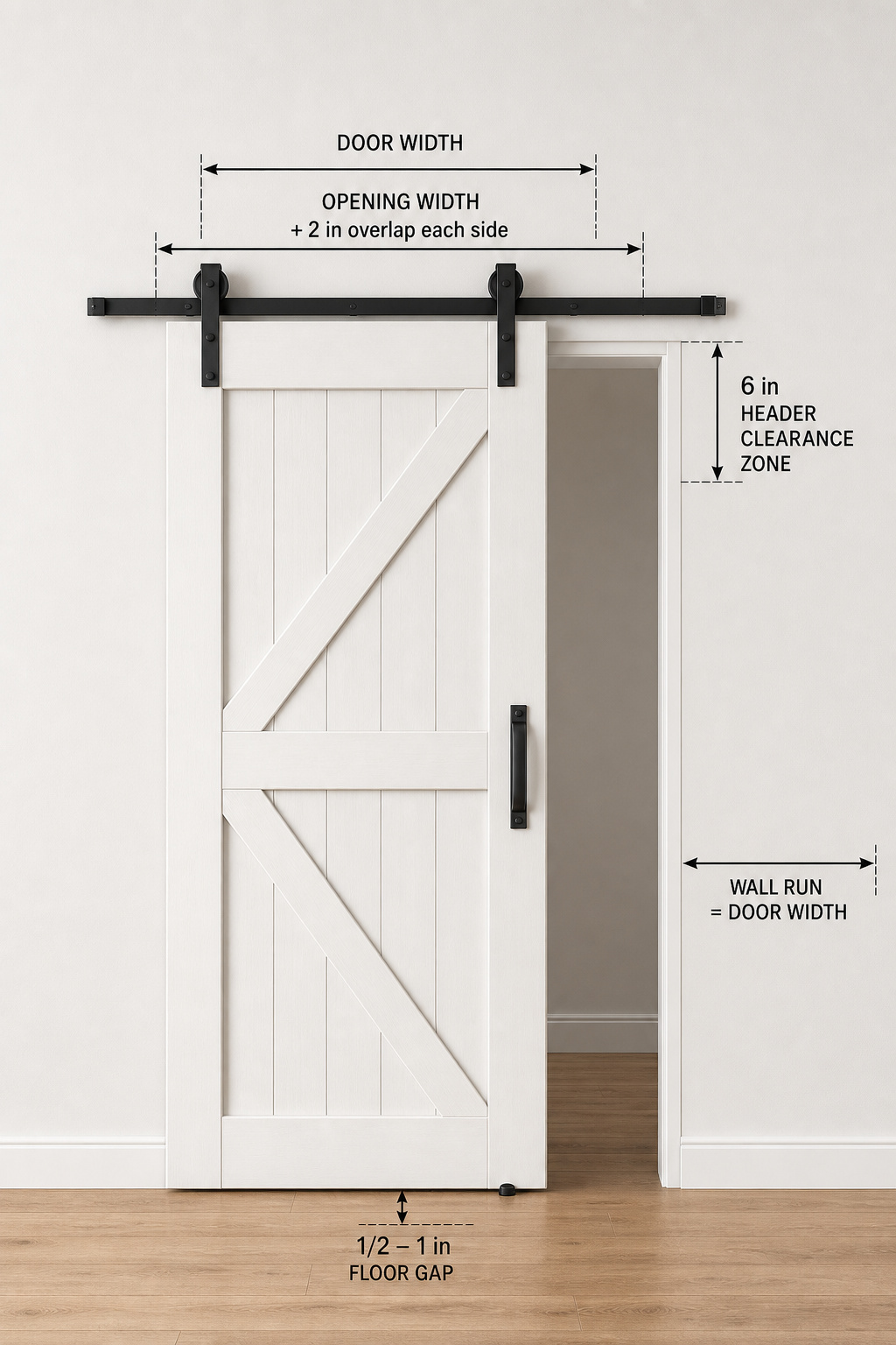 Diagram showing how to measure a barn door: overlap on each side, header clearance above, floor gap below, and wall run beside the opening