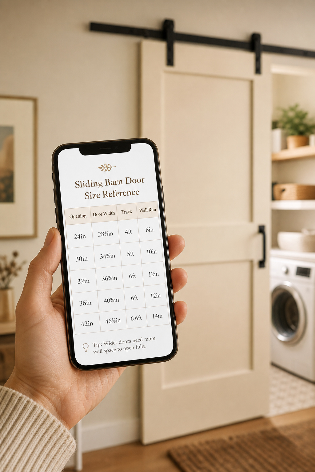 Hand holding a phone showing a barn door sizing reference table with opening width, door width, track length and wall run for laundry room openings 24 to 42 inches wide