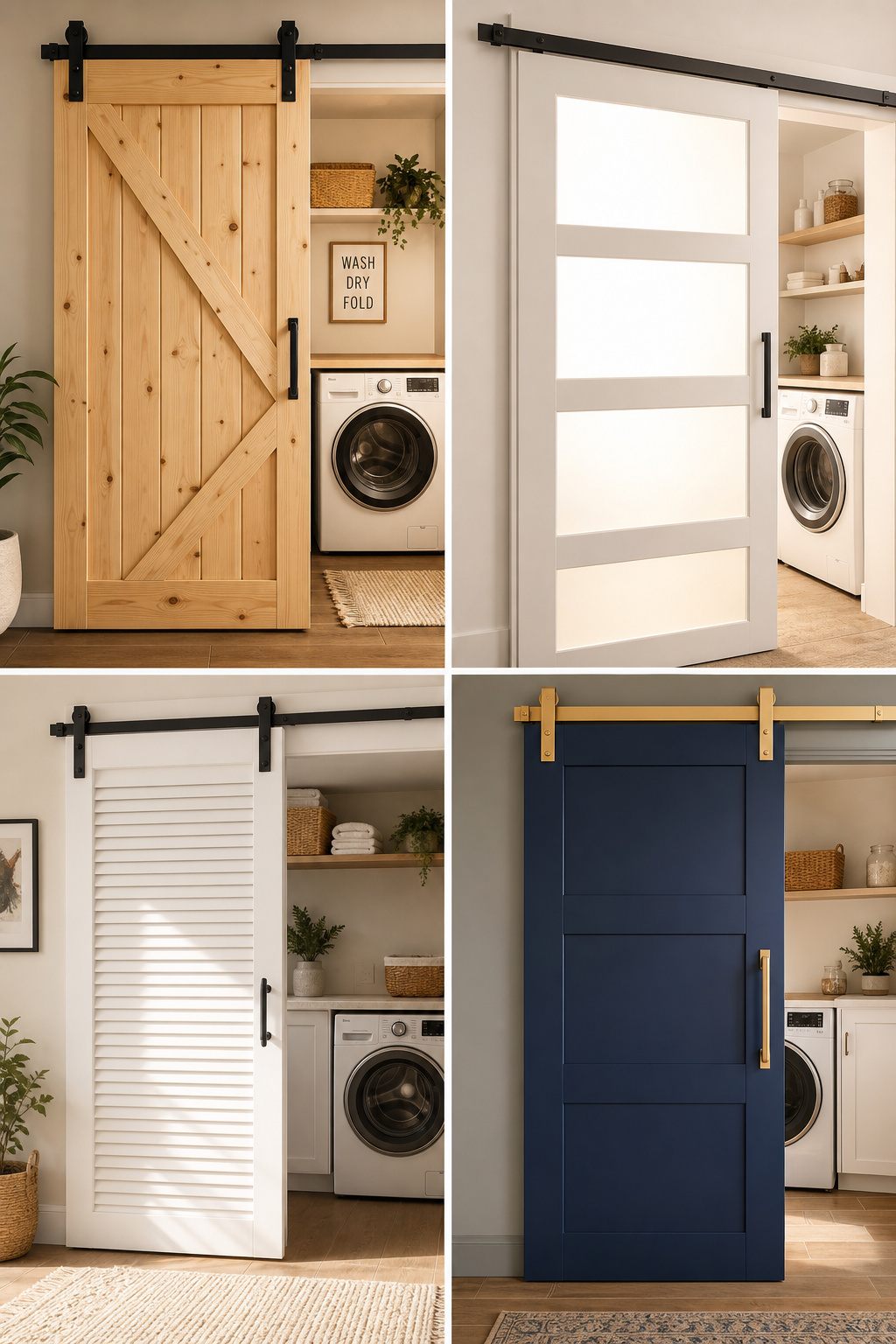 Four laundry room barn door styles shown side by side: farmhouse plank, frosted glass, louvered, and modern flat-panel