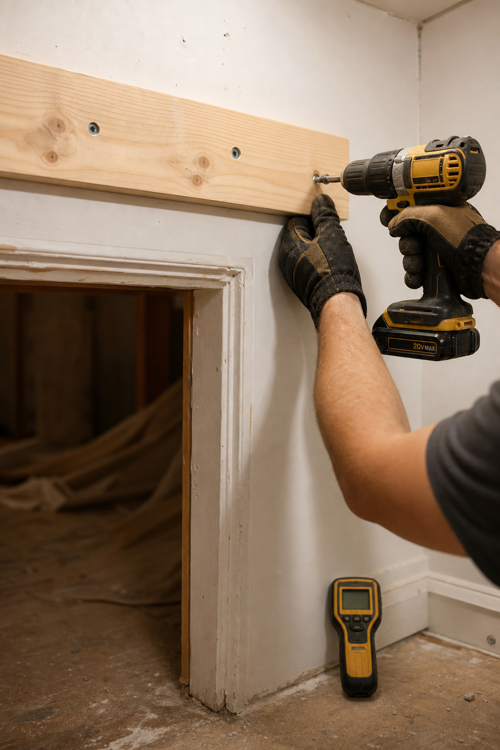 DIY barn door track installation showing a person drilling a header board above a doorway opening on a white wall