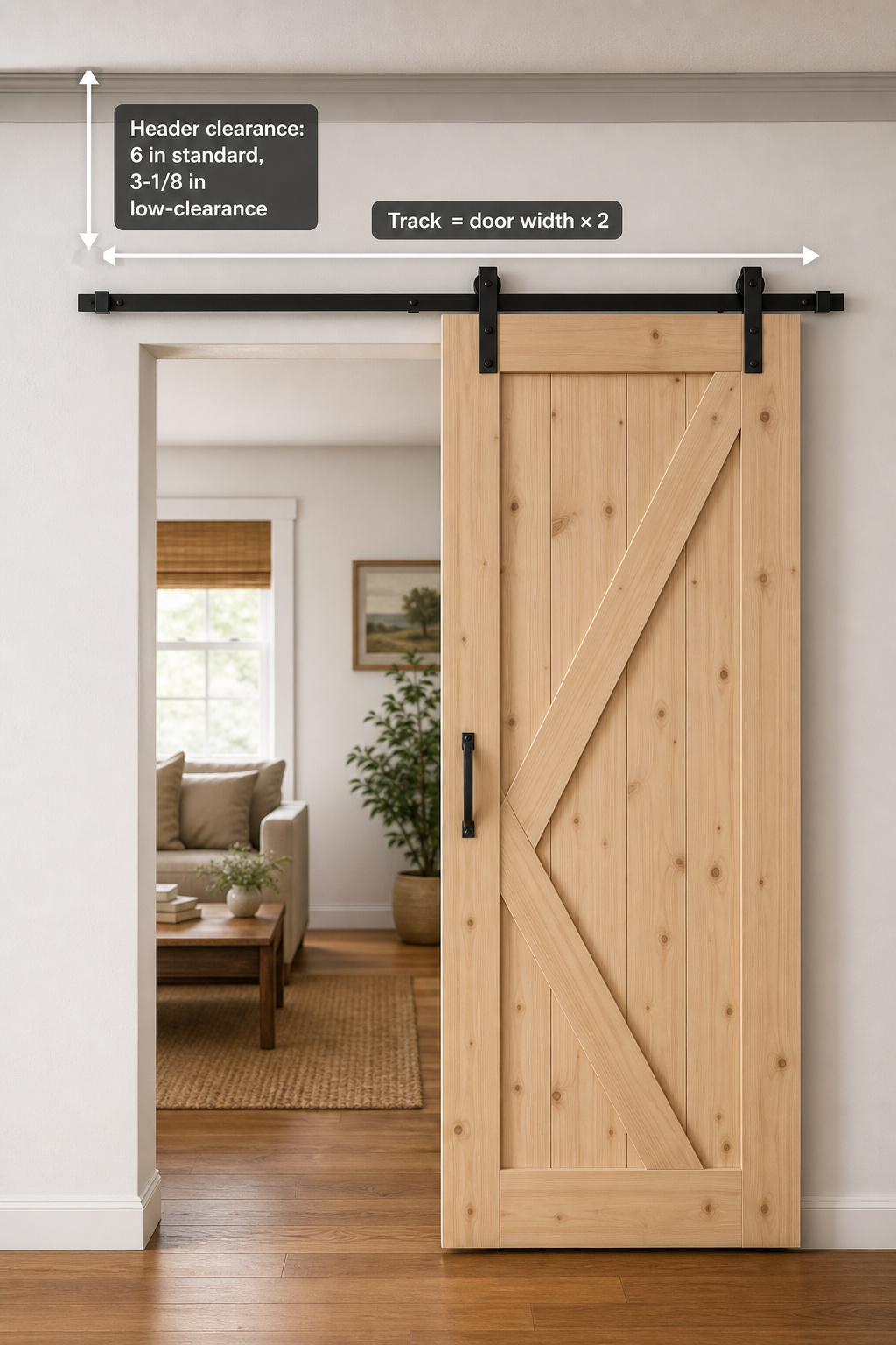 Diagram showing barn door track length measurement (equal to twice the door width) and header clearance measurement above the door frame opening