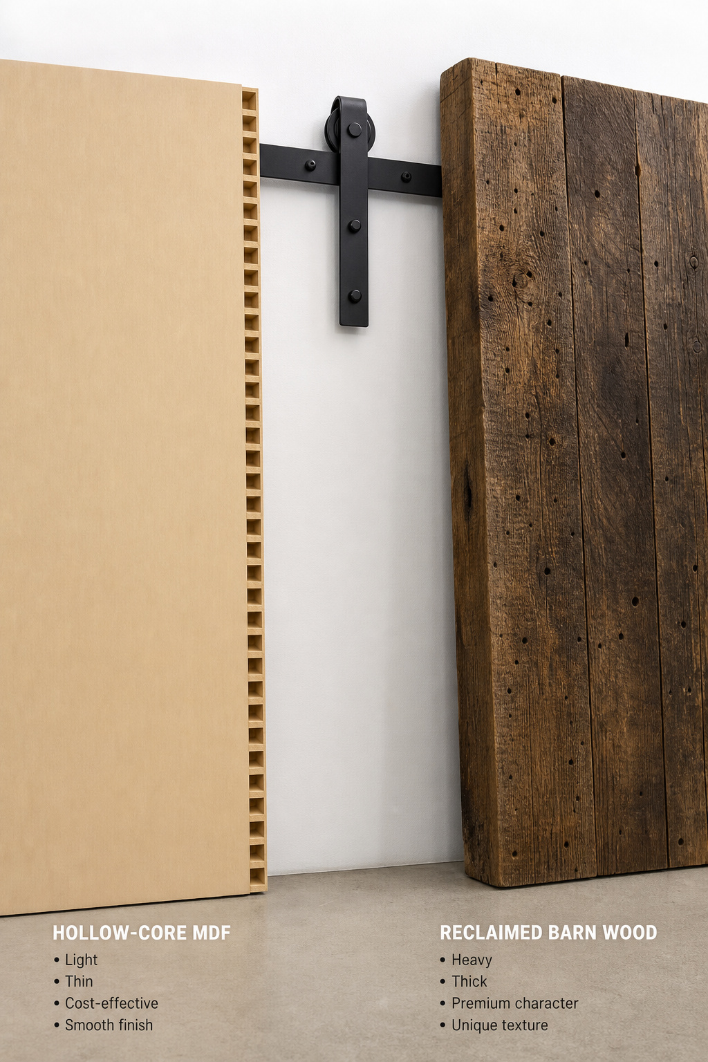 Side-by-side comparison of a lightweight hollow-core door panel versus a heavy reclaimed wood barn door panel to illustrate weight rating differences
