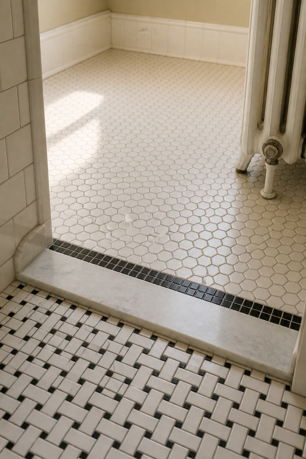 Vintage bathroom floor showing basketweave mosaic shower threshold transitioning into white hex tile field with black border strip