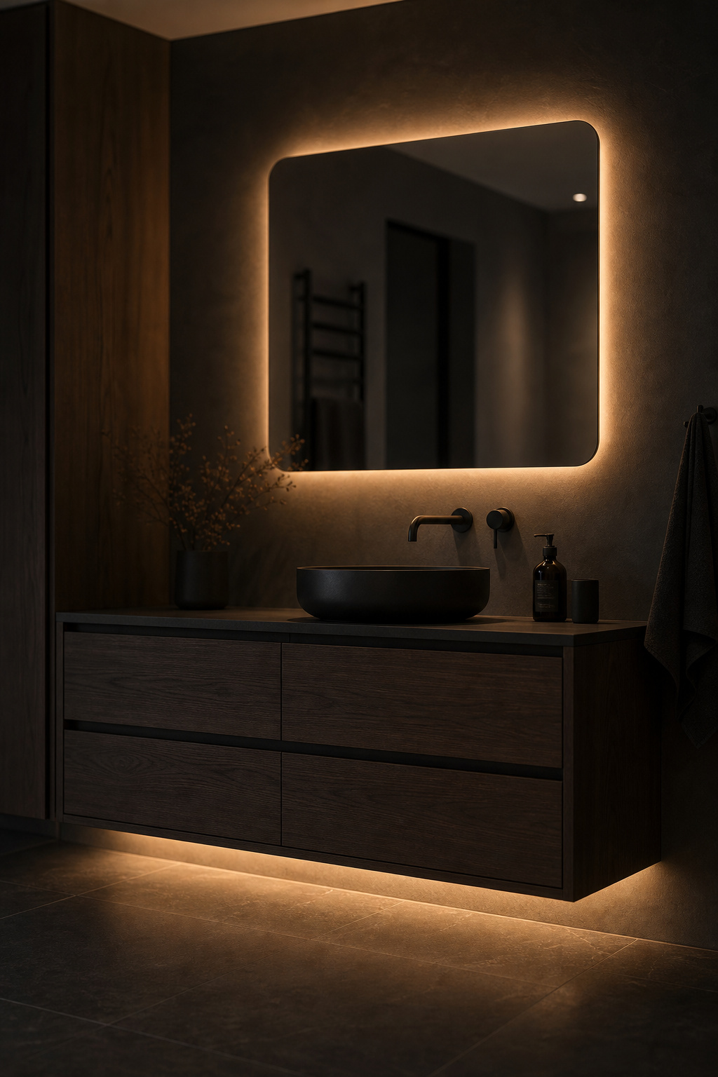 Bathroom at evening showing warm toe-kick LED accent strip and backlit mirror halo creating depth and atmosphere