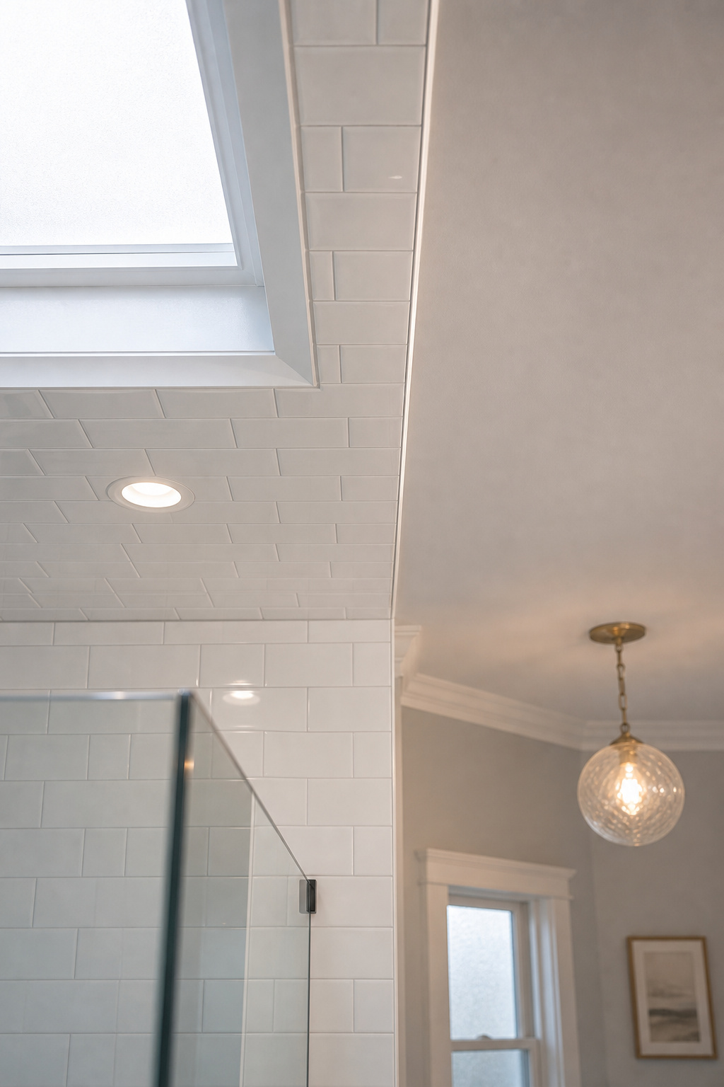 Bathroom ceiling showing wet-rated recessed light inside shower zone and decorative pendant outside the zone