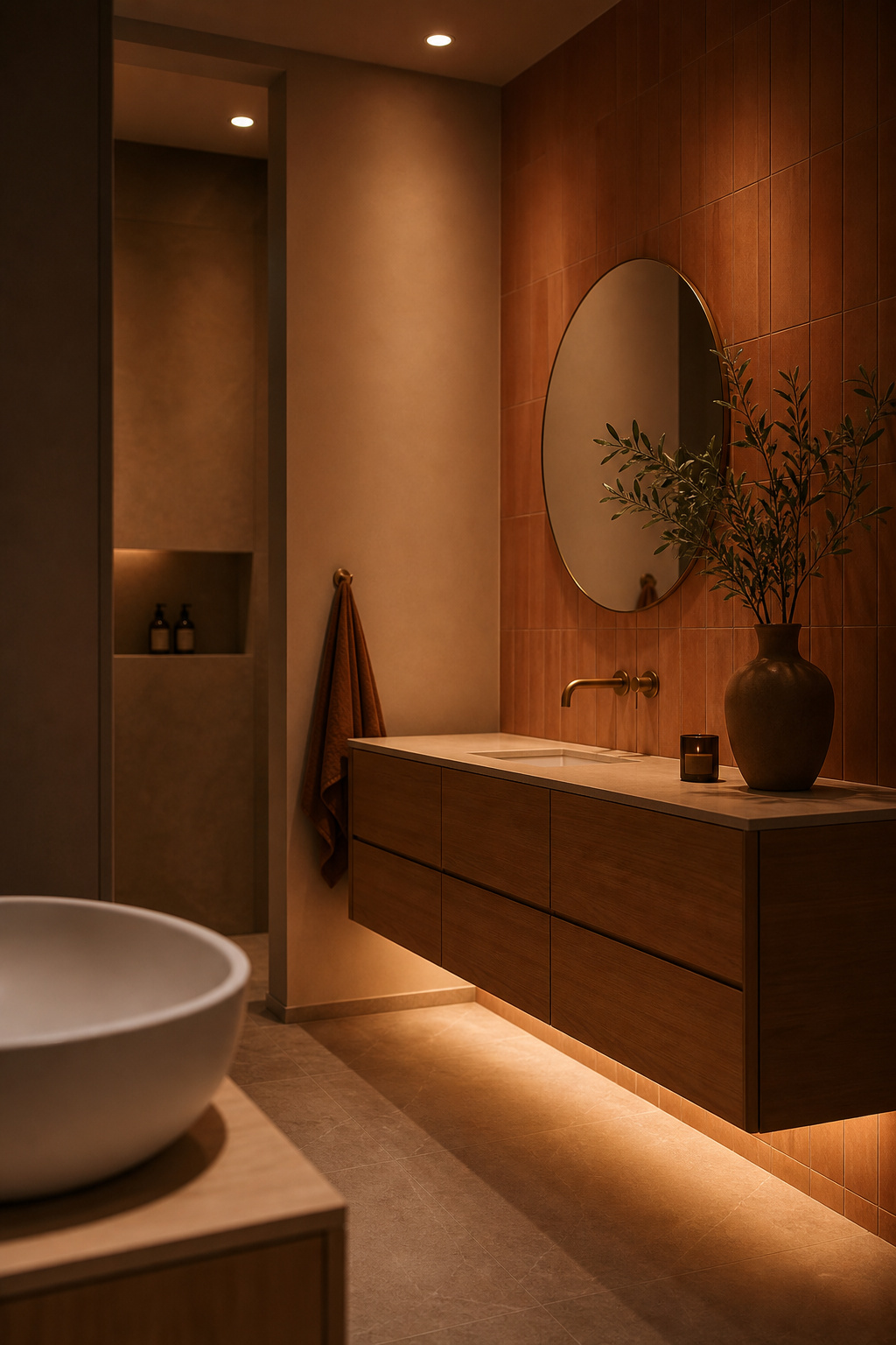 Bathroom interior at evening dim setting with warm amber recessed lighting and illuminated floating vanity