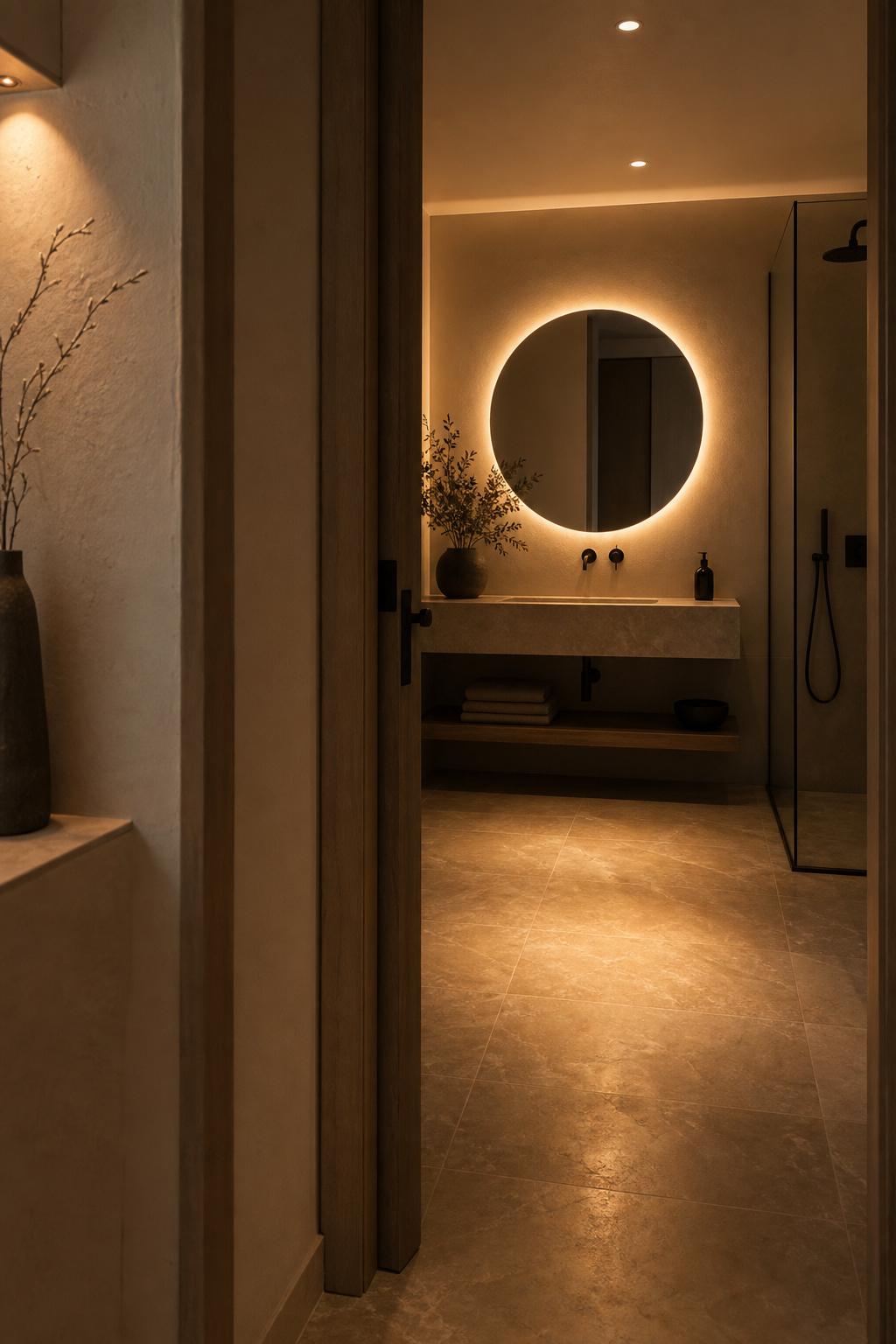 Bathroom viewed from the doorway at evening with warm amber lighting and backlit mirror halo in the distance