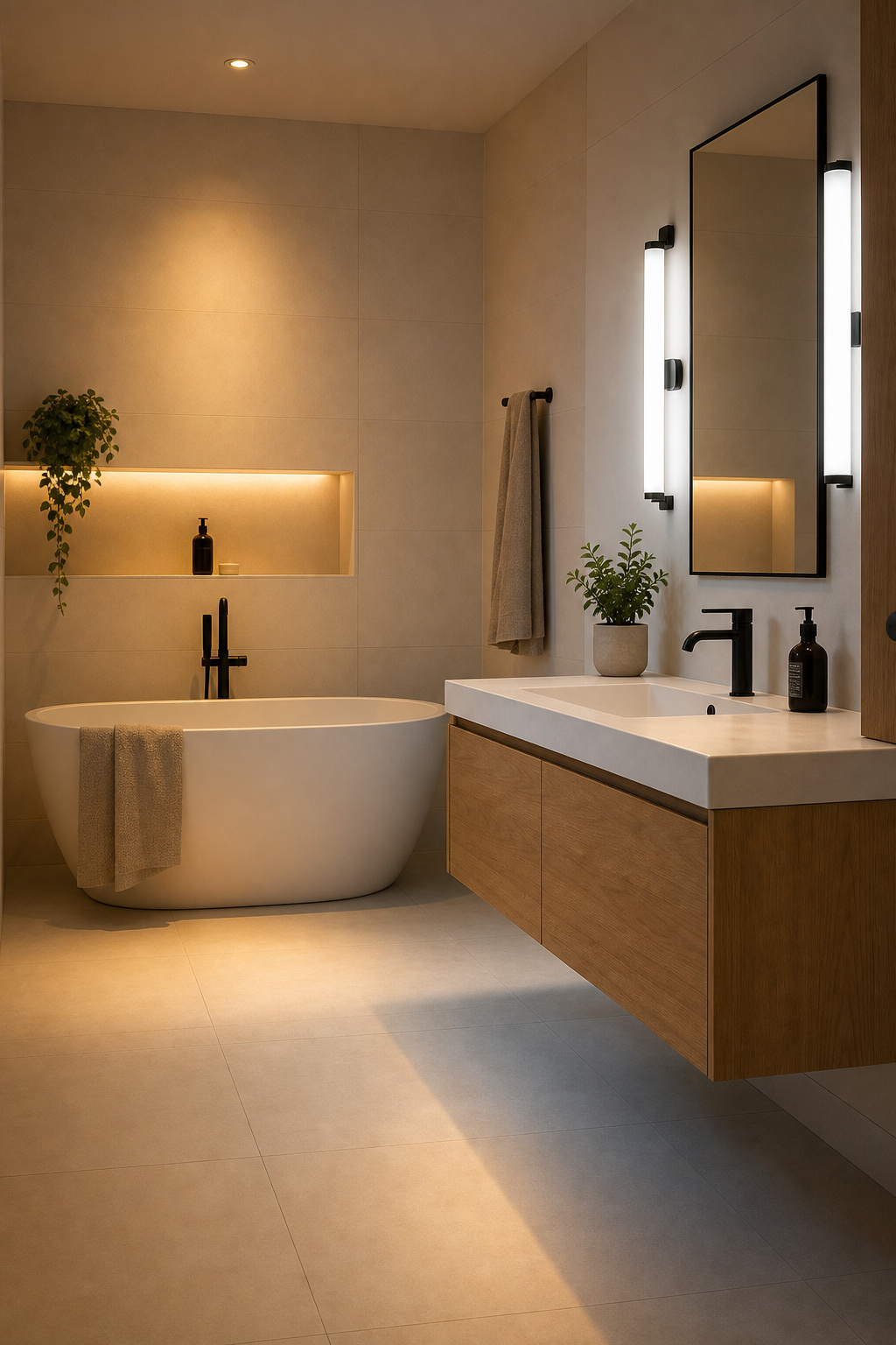 Bathroom interior showing warm amber ceiling light over a bath area and bright neutral-white sconces at the vanity mirror, demonstrating a two-temperature lighting scheme