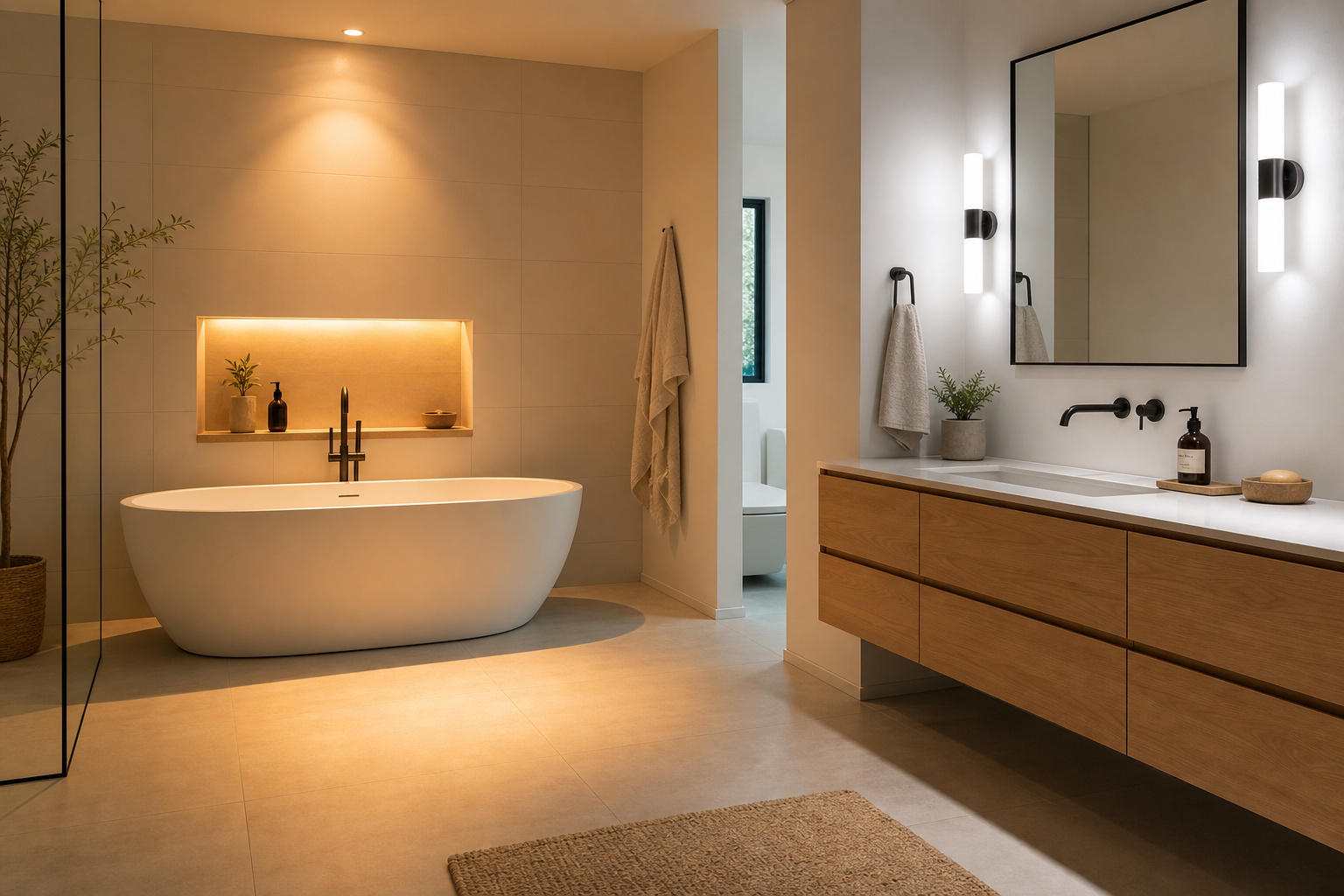 Bathroom interior showing warm amber ceiling light over a bath area and bright neutral-white sconces at the vanity mirror, demonstrating a two-temperature lighting scheme