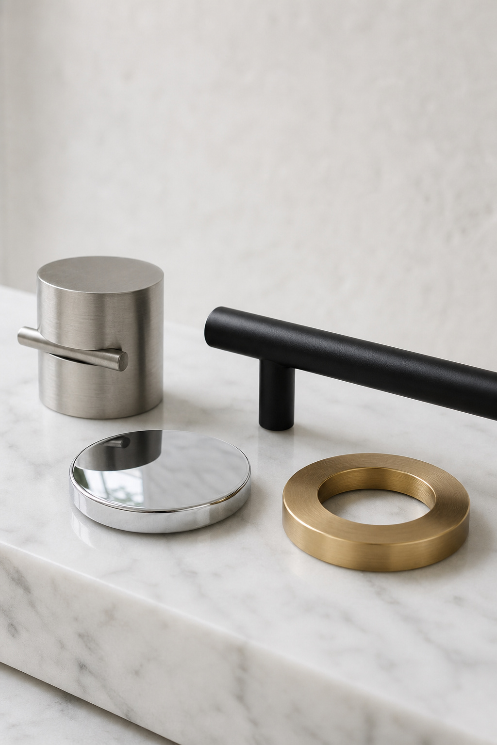 Four bathroom fixture finish samples — brushed nickel, matte black, polished chrome, and warm brass — arranged on a white stone surface