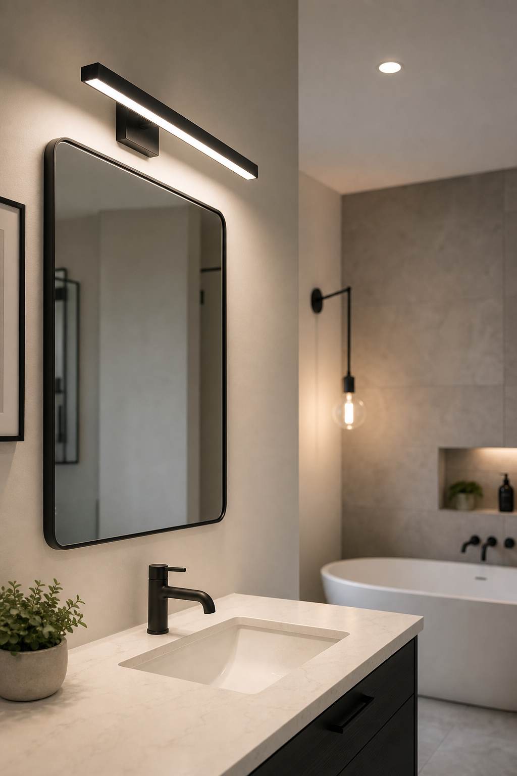 Contemporary bathroom showing three fixture types: matte black vanity bar above mirror, recessed ceiling downlight, and wall-mounted pendant beside freestanding bath