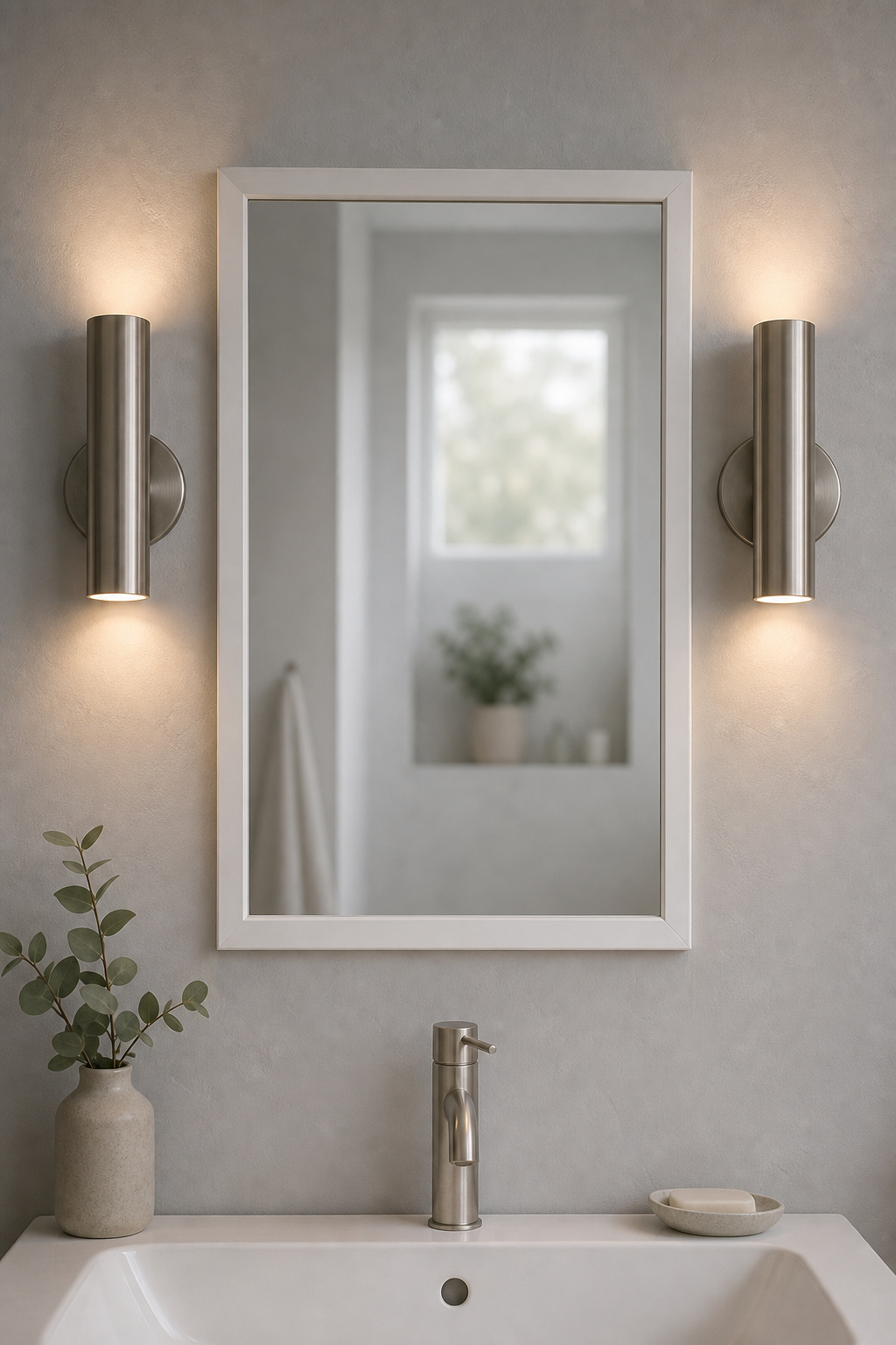 Matched pair of brushed nickel cylinder sconces flanking a white rectangular bathroom mirror with warm light