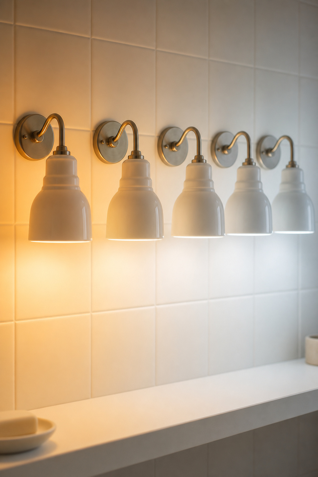Four bathroom sconces lit at different Kelvin temperatures from warm amber 2200K through neutral to cool daylight 5000K, showing the visible colour difference