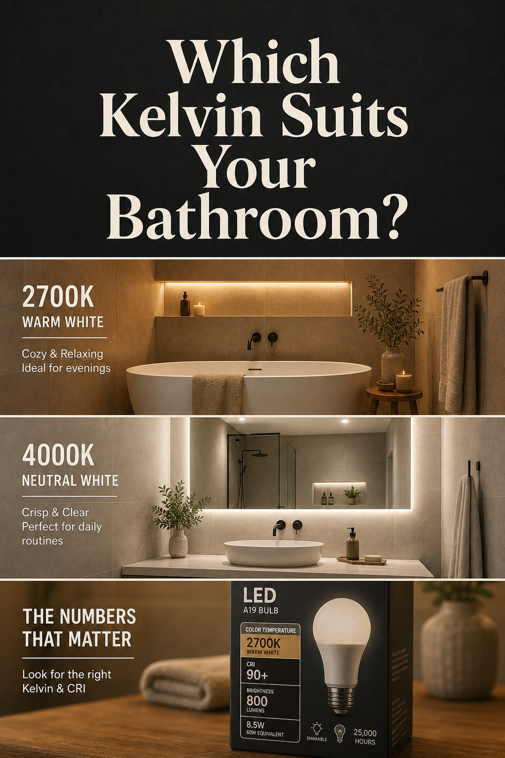 Pinterest collage showing 2700K warm bath light, 4000K vanity task light, and a close-up of LED bulb packaging with Kelvin and CRI specifications