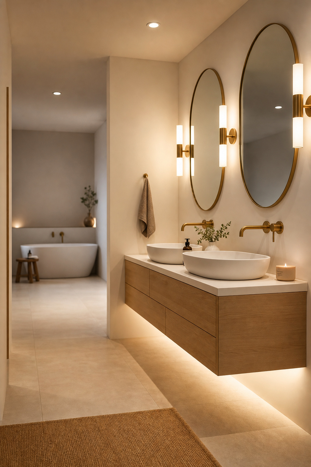 Bathroom interior showing layered ambient task and accent lighting with warm overhead recessed lights flanking mirror sconces and soft LED accent strip