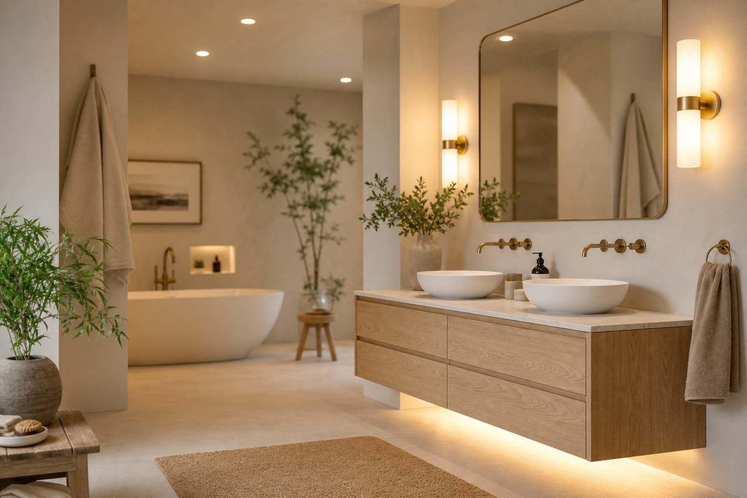 Bathroom interior showing layered ambient task and accent lighting with warm overhead recessed lights flanking mirror sconces and soft LED accent strip
