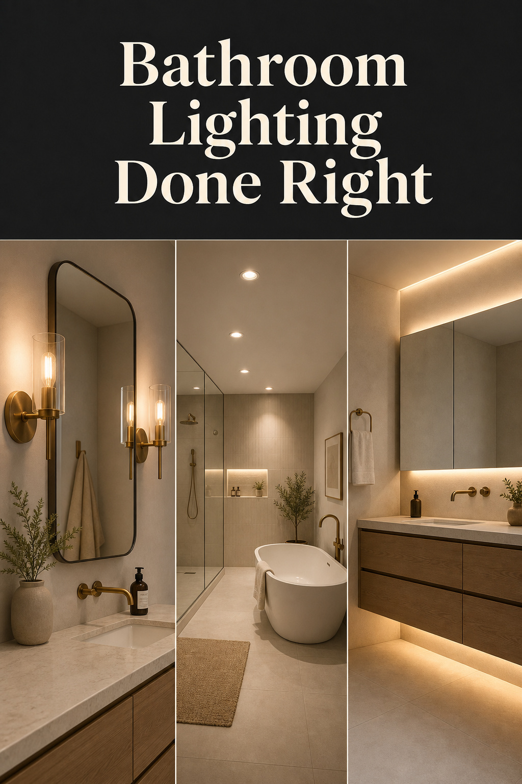 Three-panel Pinterest pin showing bathroom lighting layers: flanking mirror sconces, ambient recessed ceiling lights, and LED accent strip under vanity
