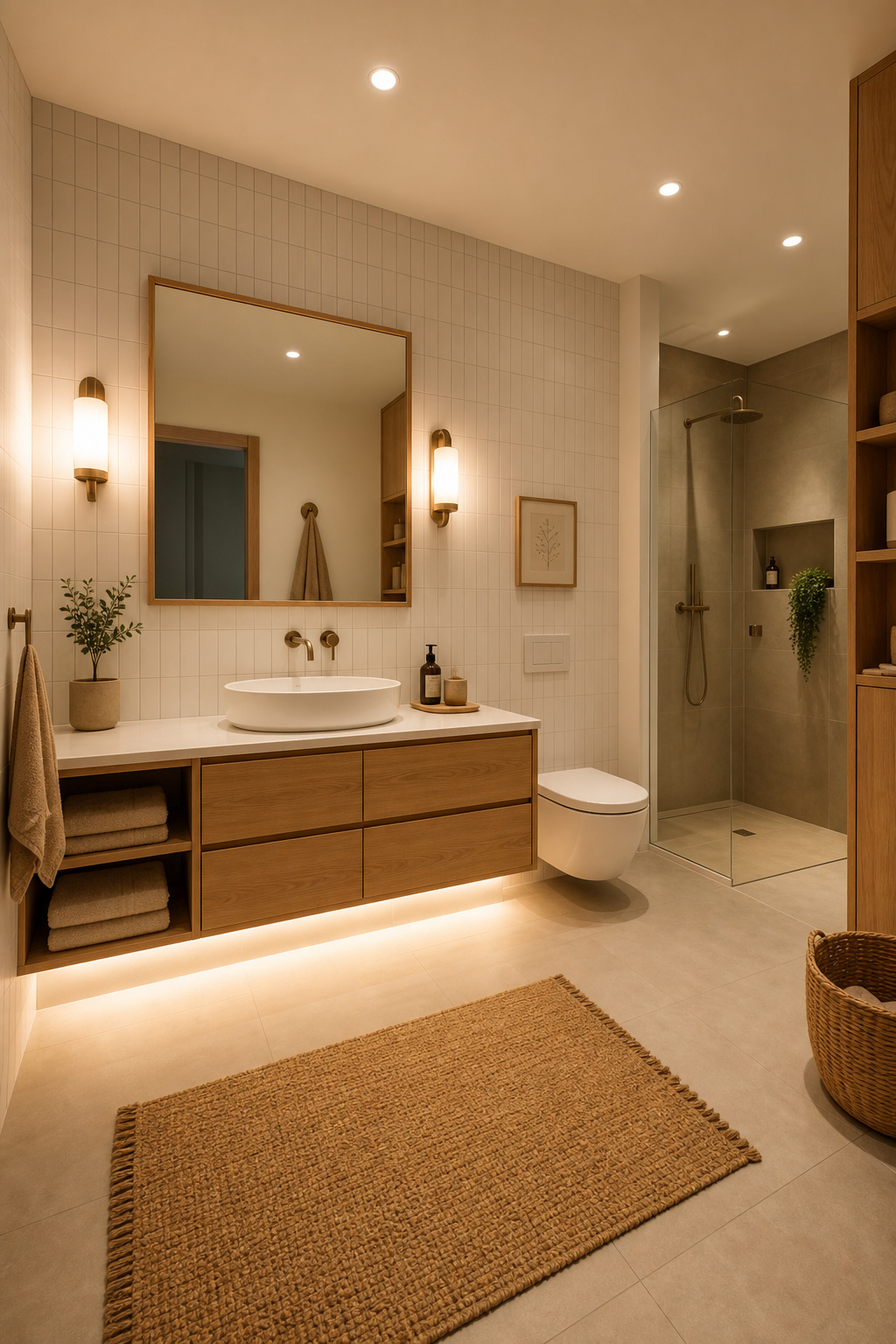 Contemporary bathroom with all three lighting layers active showing balanced ambient recessed ceiling lights flanking mirror sconces and concealed LED floor accent strip