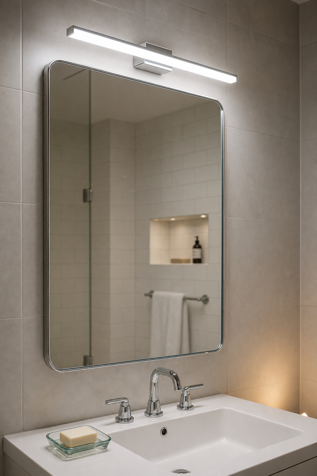 Bathroom vanity mirror with neutral-white 4000K LED bar light above providing accurate colour-rendering task light against warm-ambient tiled background