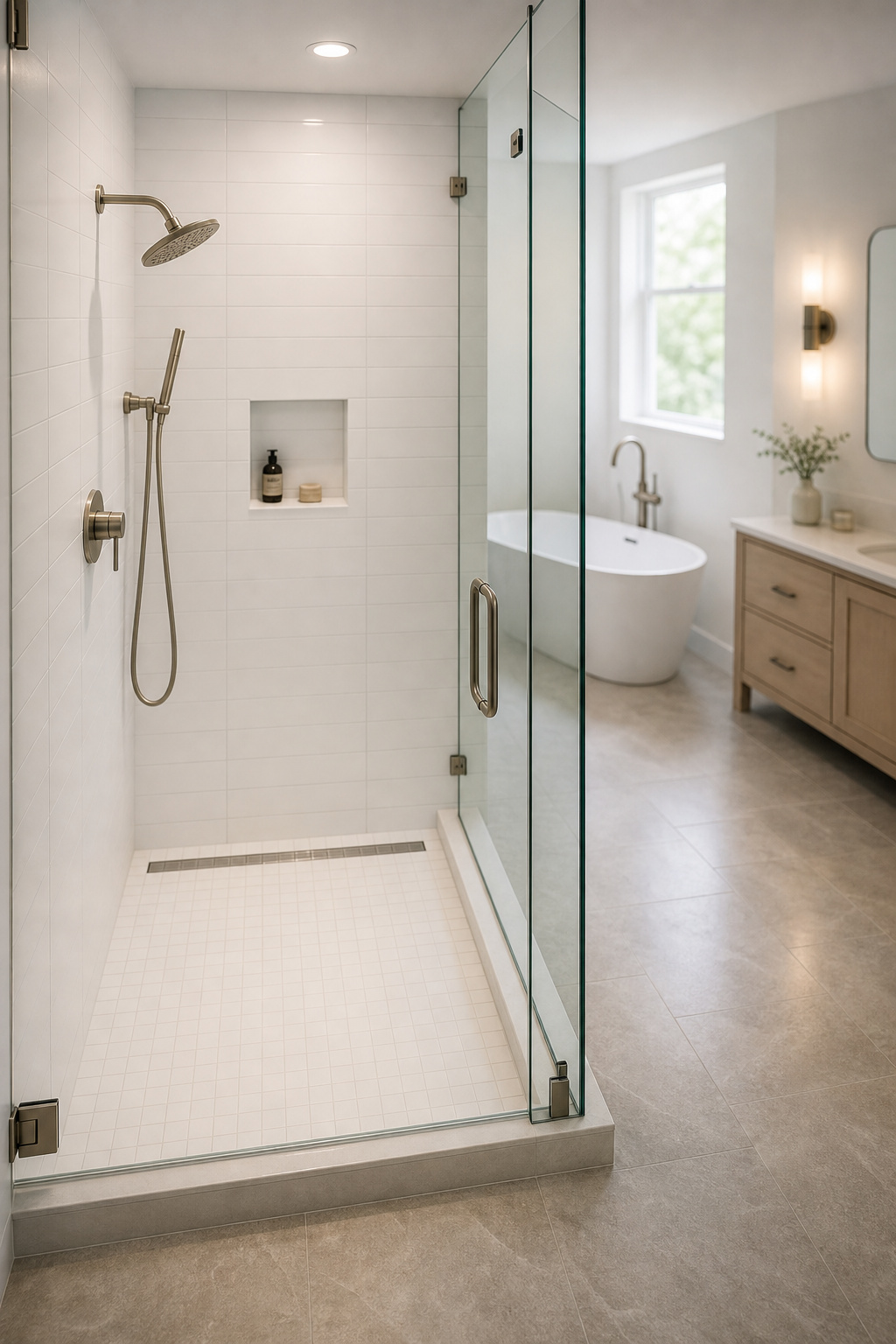 Bird's-eye view of modern bathroom showing shower enclosure with recessed wet-rated light, tub area, and vanity zone with different fixture types