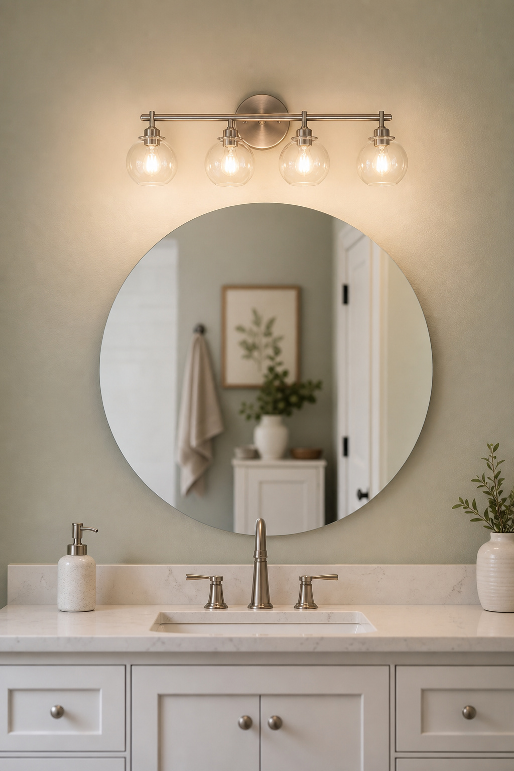 Brushed-nickel 4-globe vanity bar light mounted above a round bathroom mirror at correct height, with bar width at 75% of mirror diameter