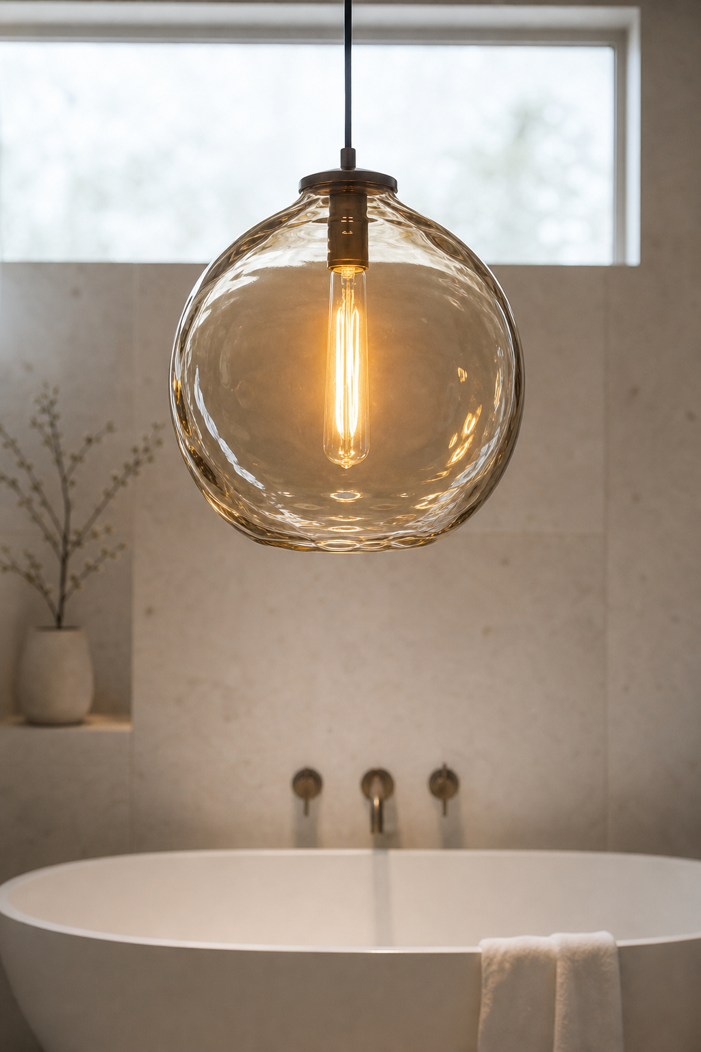 Single blown-glass globe pendant hanging above a white oval freestanding bath in a minimal Scandinavian bathroom