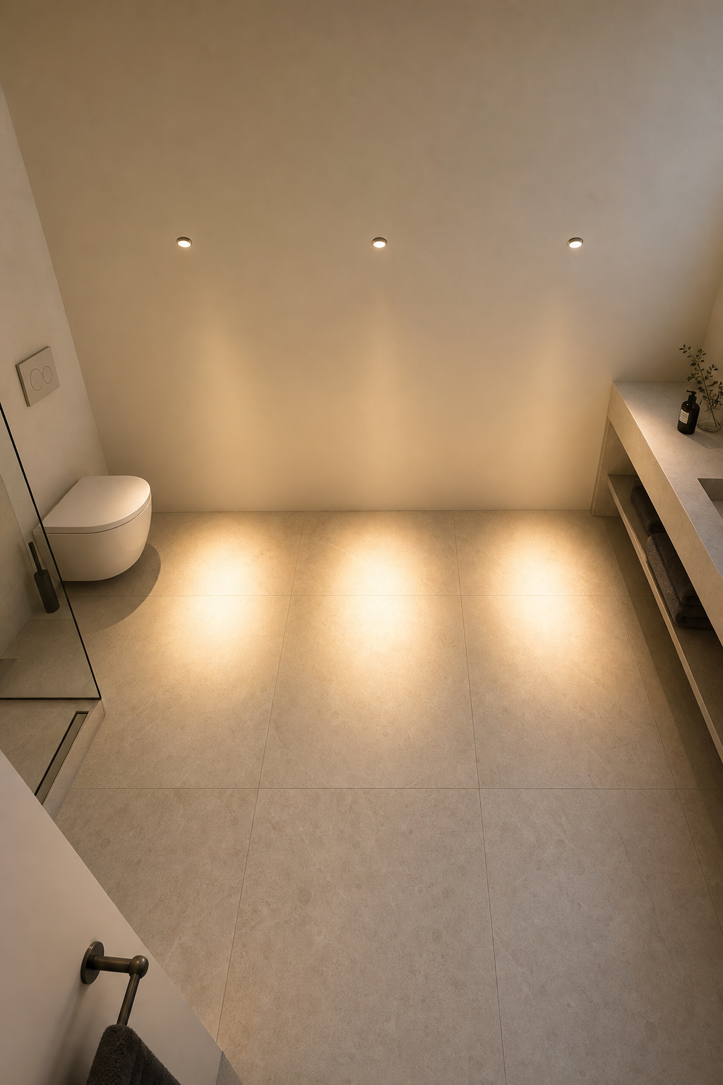 Bathroom ceiling with evenly spaced recessed downlights casting warm 2700K ambient pools on pale tile floor
