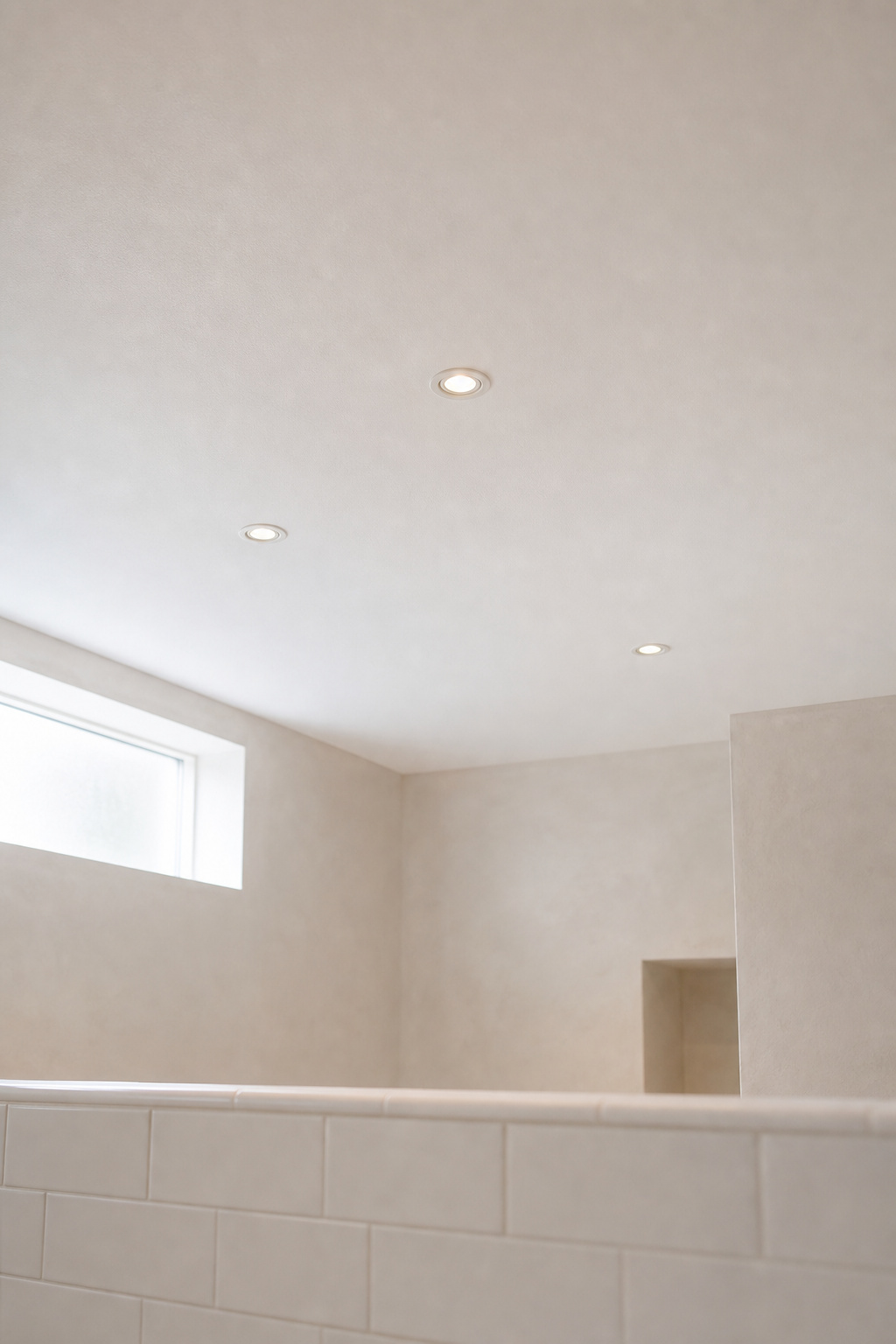 White matte bathroom ceiling with three small 4-inch recessed downlight trims flush with the surface