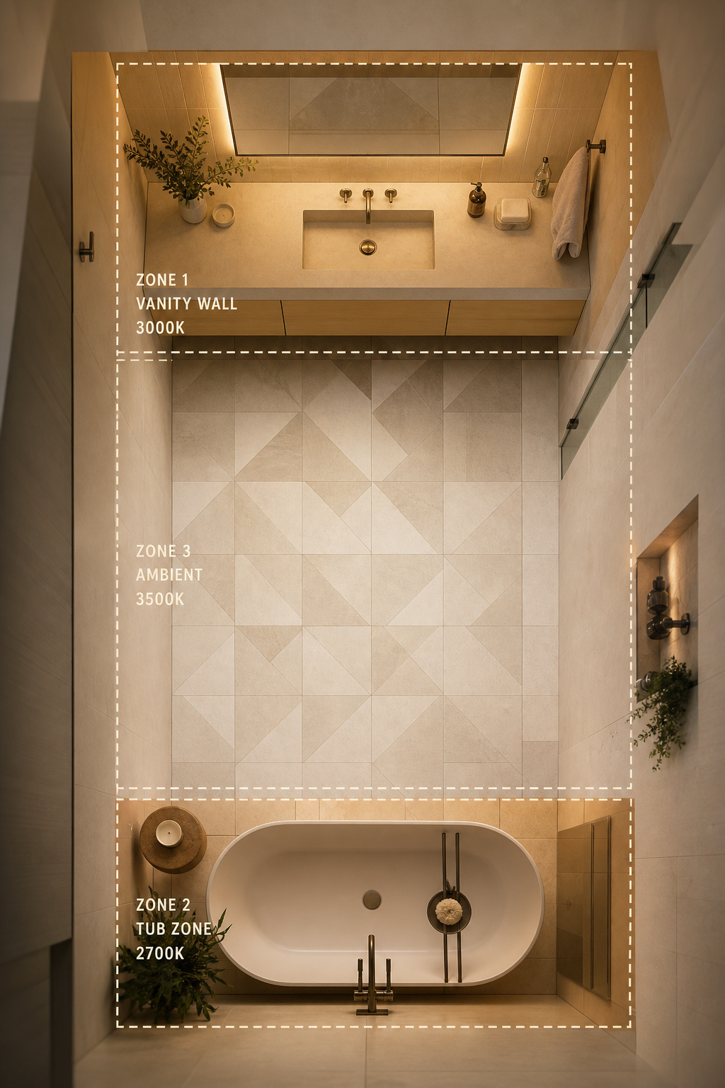 Overhead view of bathroom showing three distinct recessed lighting zones — vanity, tub and ambient centre — each with different light levels