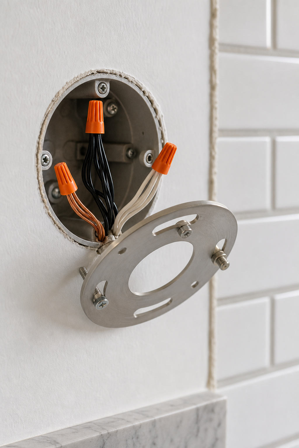 Bathroom wall showing an open junction box with white, black and copper wires separated and wire-nutted, with a new sconce mounting bracket beside it