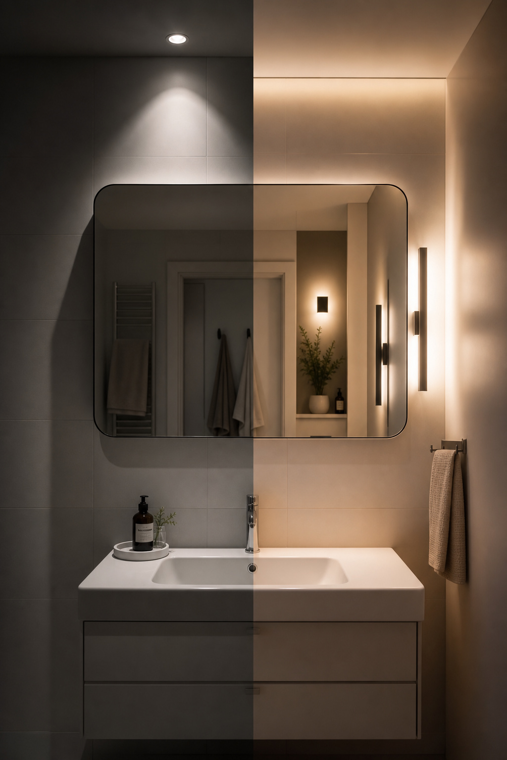Bathroom interior showing the contrast between a single harsh overhead light casting shadows at the mirror and a properly layered warm-ambient and cool-task lighting scheme