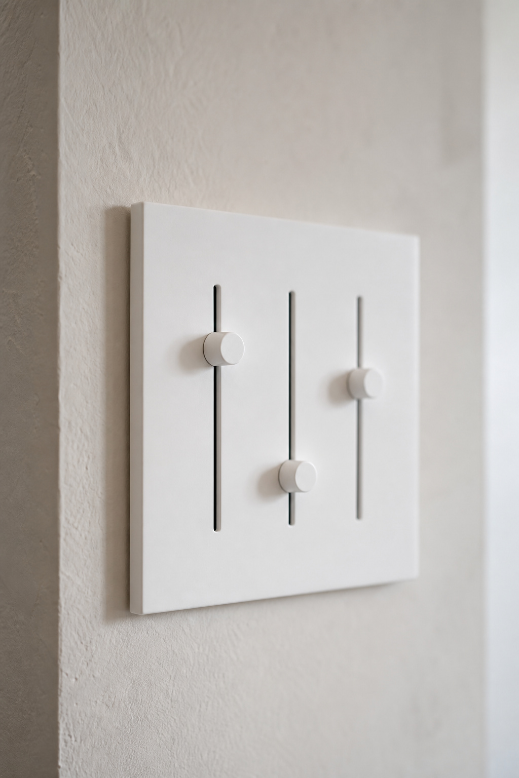 Three individual dimmer switches on a bathroom wall plate representing independent control of ambient, task and accent lighting circuits
