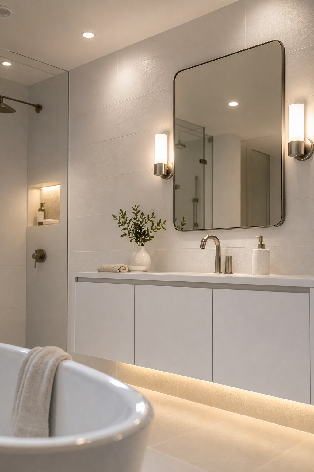 Modern bathroom interior with three active lighting layers showing ambient recessed ceiling lights task sconces at mirror level and warm LED accent strip under floating vanity