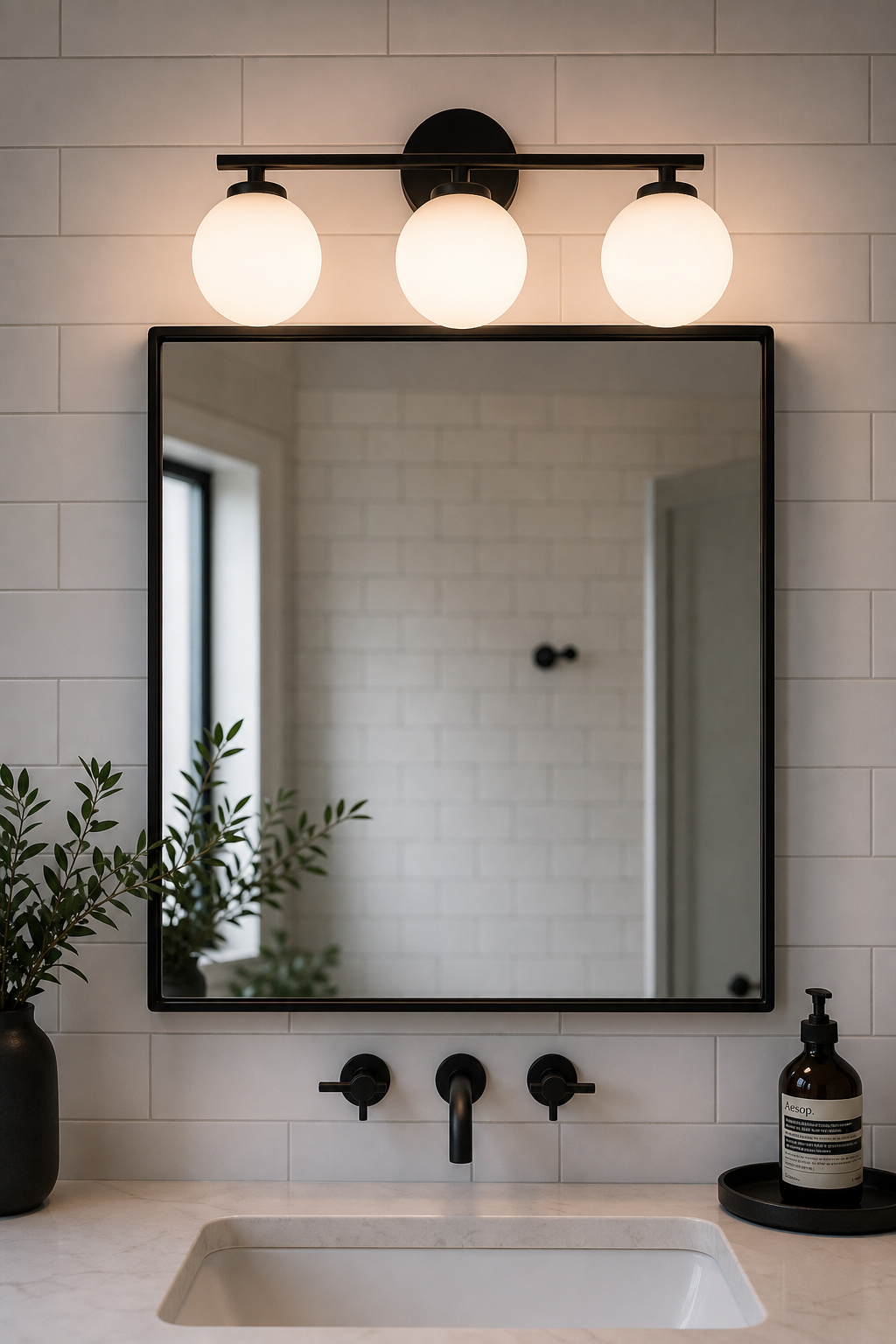 Three-head matte black globe vanity bar mounted above a rectangular bathroom mirror with warm frosted globe bulbs